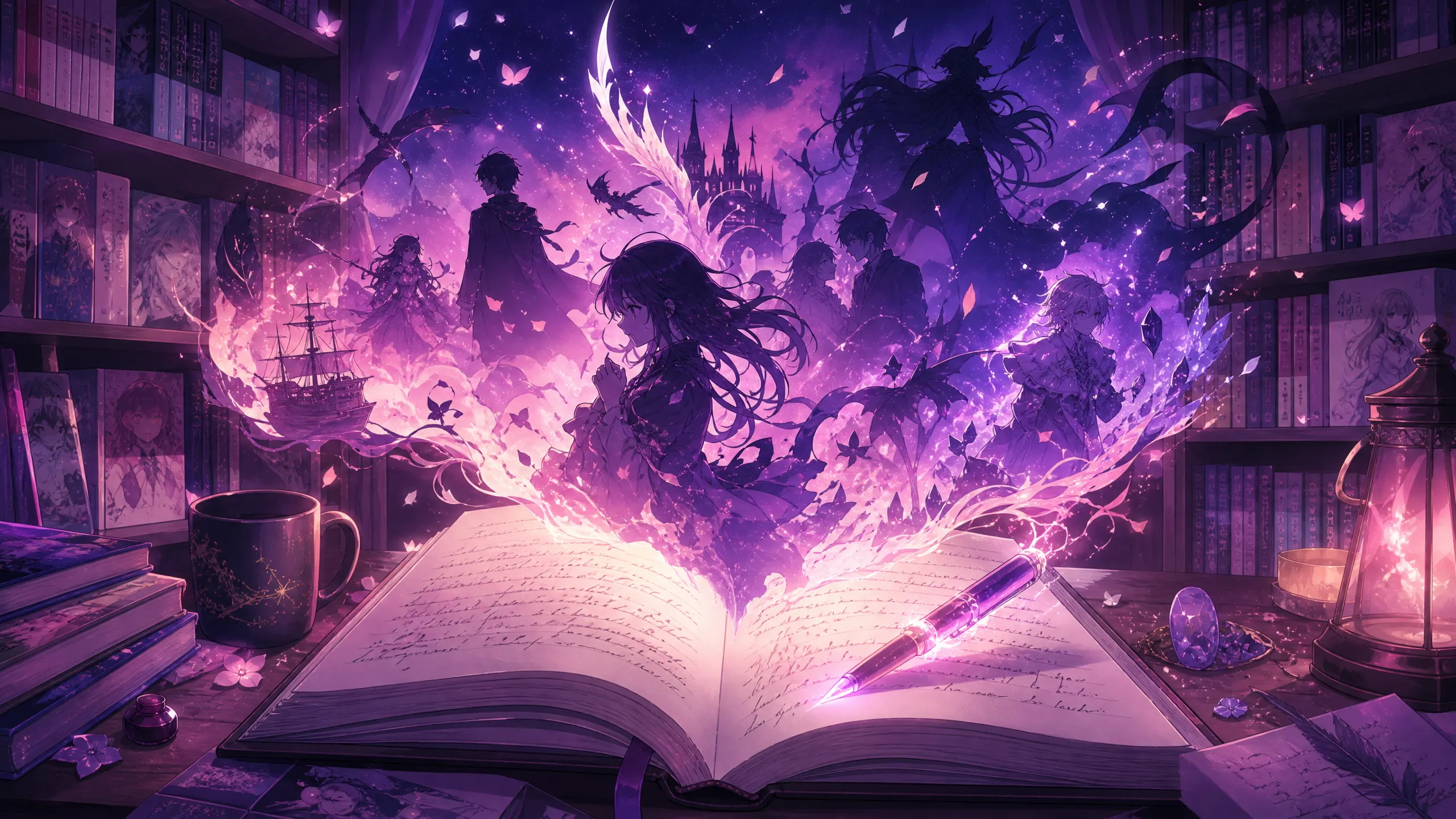 同人小说创作场景展示书籍与魔法笔